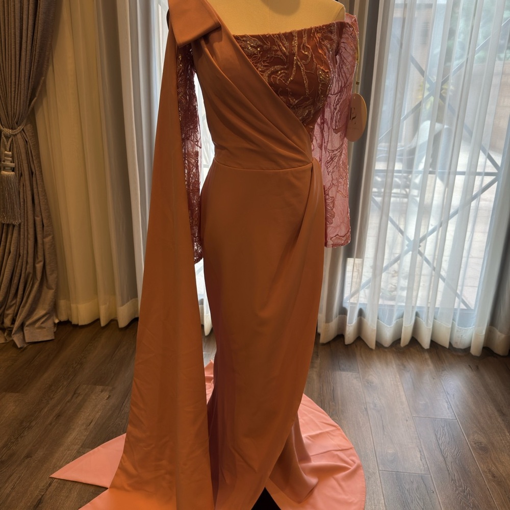 Elegant Peach Off-Shoulder Wedding Gown